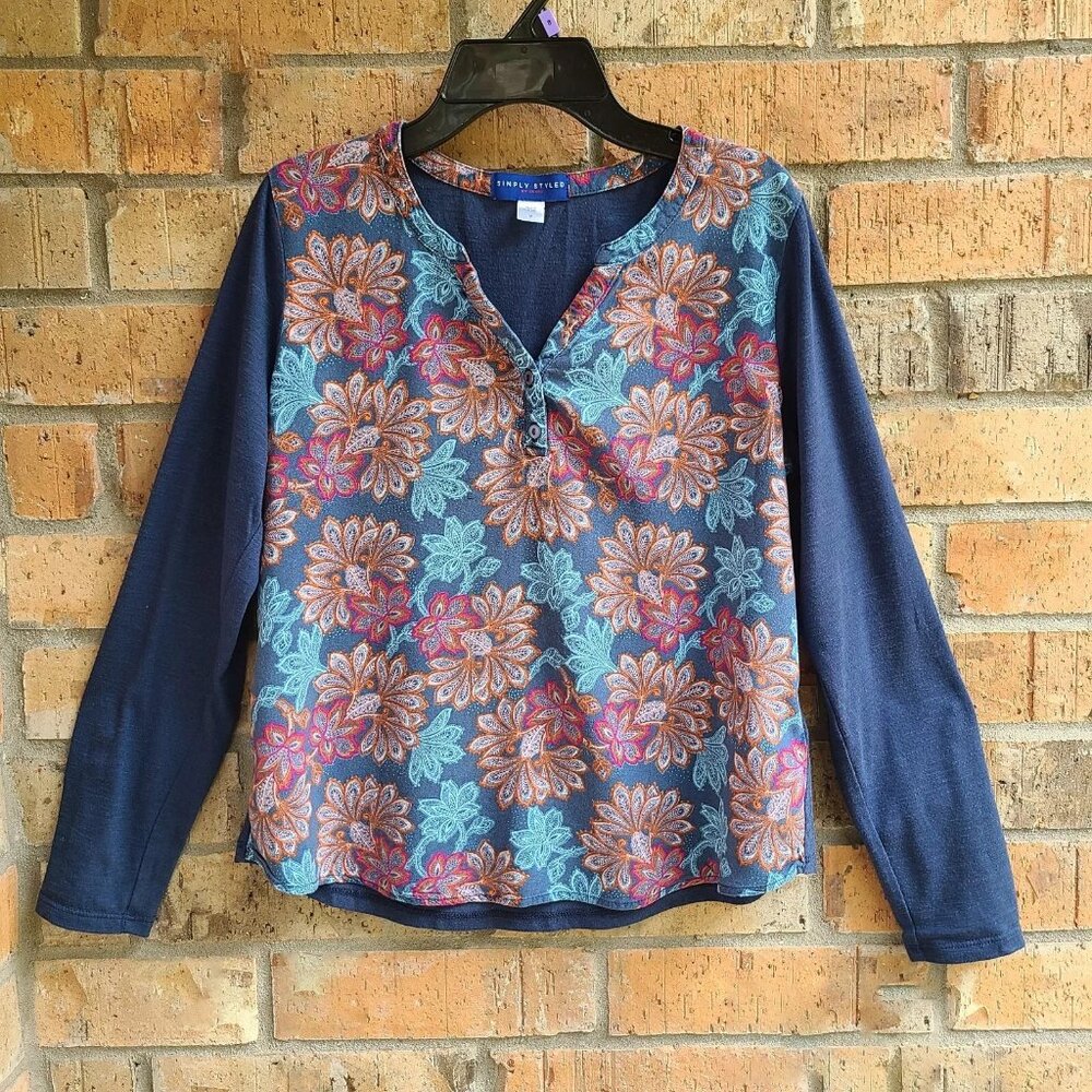 Women's Henley Top Blouse Long Sleeves Roll Tab Blue Floral Size M